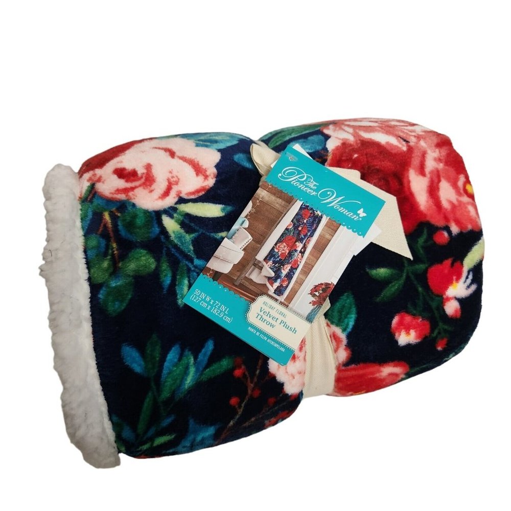 Pioneer Woman Holiday Floral Velvet Plush Throw Navy Reversible Sherpa